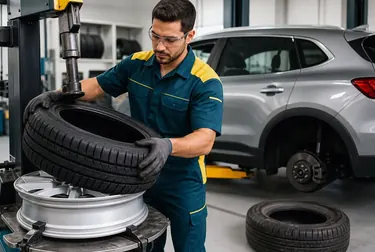 Profissional trocando pneu de carro em uma borracharia.