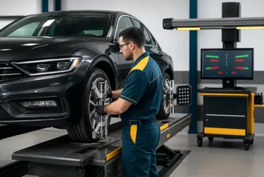 Técnico ajustando o alinhamento de rodas em um carro.