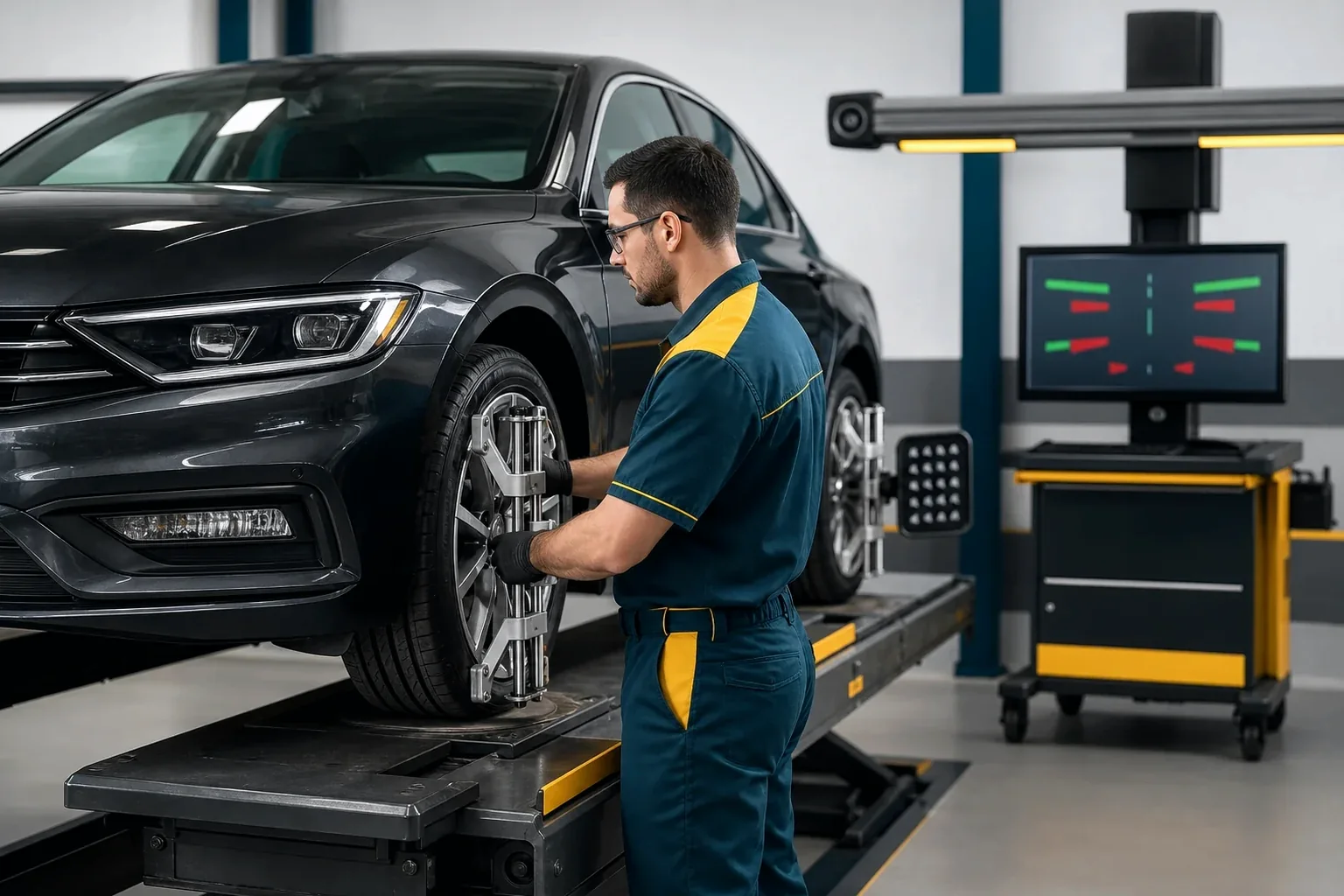Técnico ajustando o alinhamento de rodas em um carro.