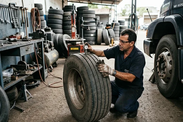 Técnico examinando os pneus de um automóvel em uma borracharia.