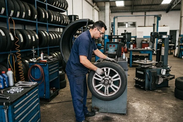 Técnico fazendo balanceamento de rodas de um veículo na borracharia.