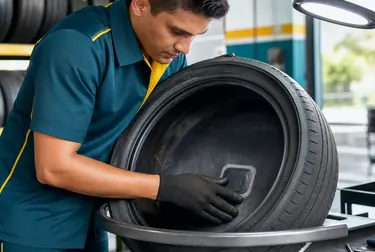 Técnico realizando conserto de pneu em borracharia.
