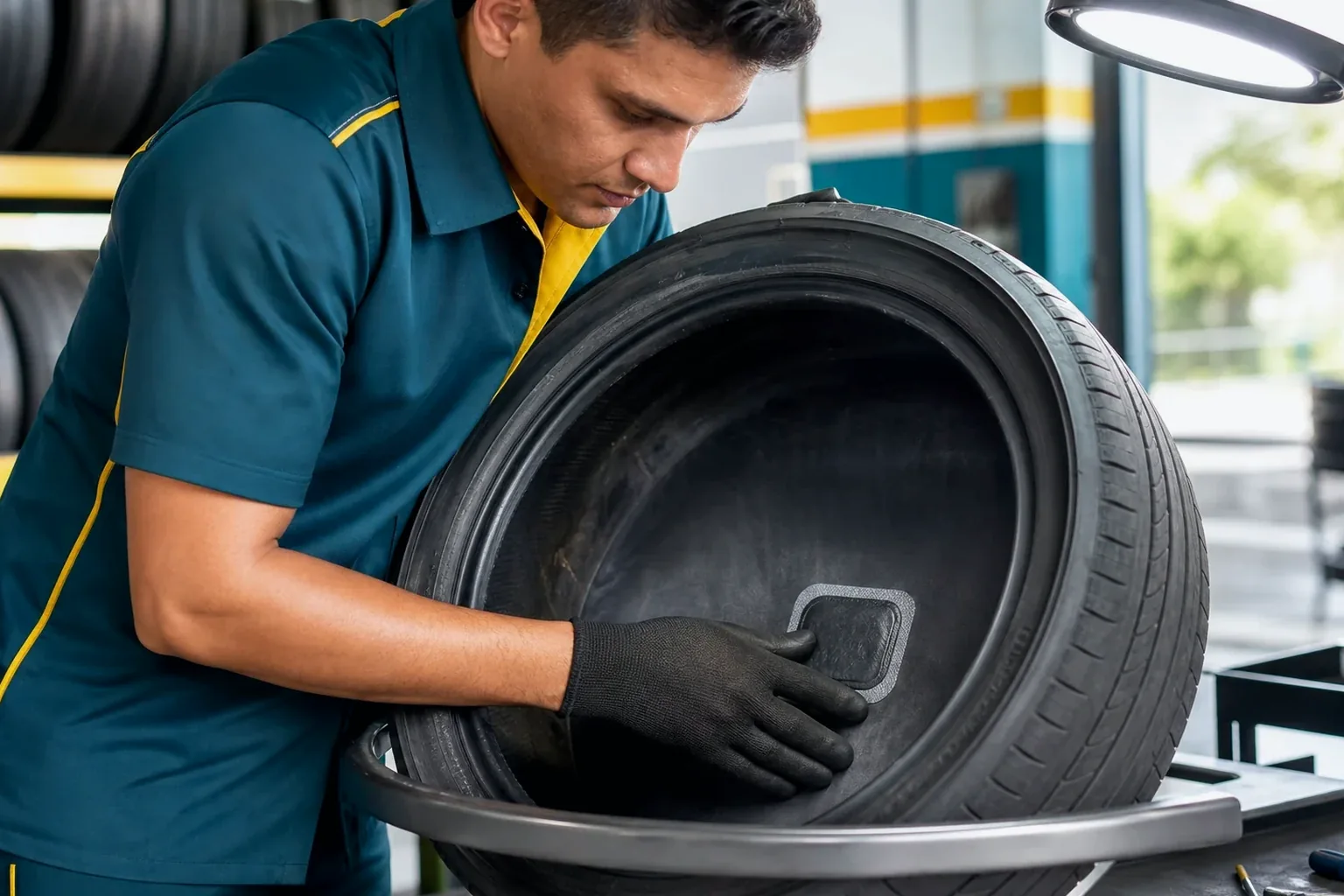 Técnico realizando conserto de pneu em borracharia.
