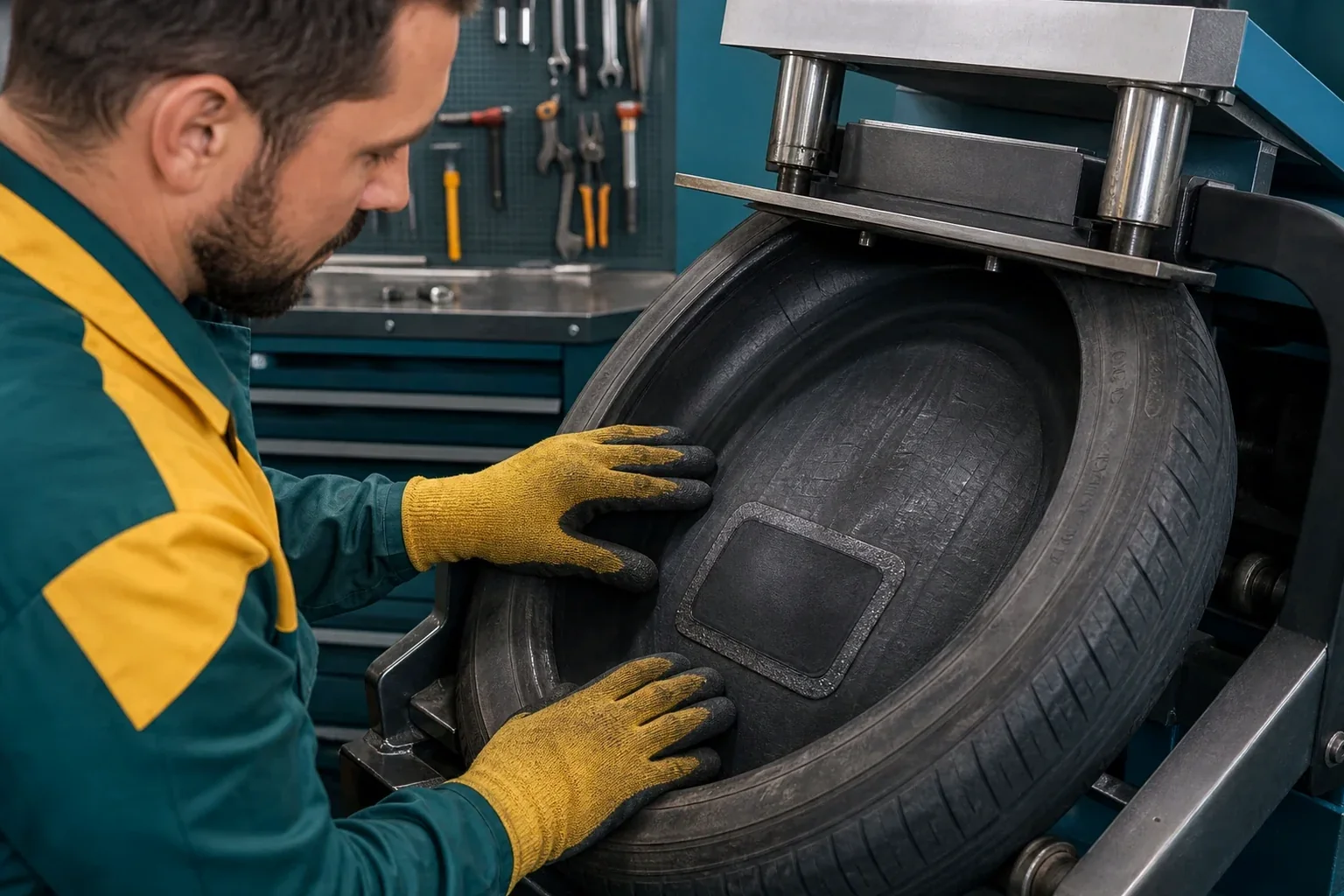 Técnico realizando vulcanização de pneu.